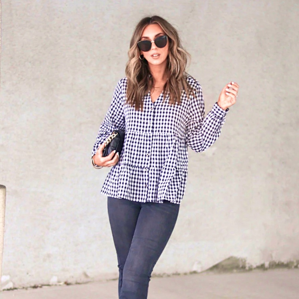 CHARLESTON GINGHAM COTTON TIERED TOP - BLACK/WHITE